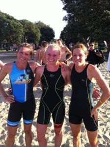 The women's podium: Sam Warriner, Sophie Corbidge and Simone Ackermann