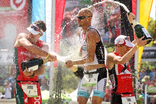 The mens podium: James Cunnama (2nd), Dirk Bockel (1st), Timo Bracht (3rd)