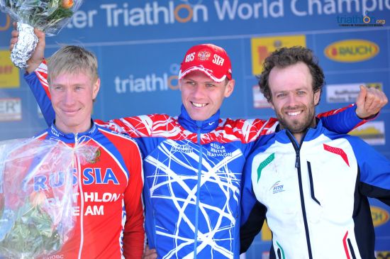 The mens podium: Evgeny Kirillov (2nd), Pavel Andreev (1st) and Giuseppe Lamastra (3rd)
