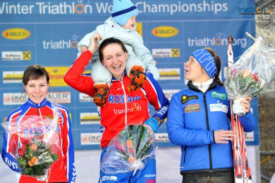 The womens podium: Olga Parfinenko (2nd), Yulia Surikova (1st) and Romana Slavinec (3rd)