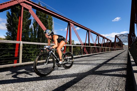 Yvonne van Vlerken (NED) crossing the Red Bridge over the mighty Clutha River on her way to her 2016 Challenge Wanaka victory