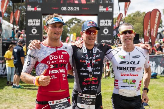 The mens podium: Cyril Viennot (3rd), Braden Currie (1st), Cameron Brown (2nd)