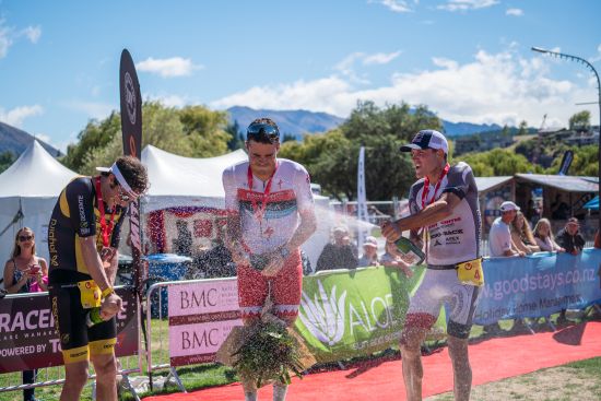 The mens podium: Jesse Thomas (3rd), Javier Gomez (1st), Braden Currie (2nd)